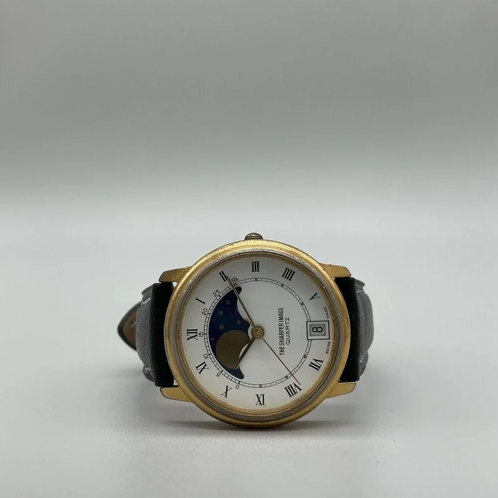 The Sharper Image Mens Watch 32mm White Dial Moon Phase Date Swiss New Battery